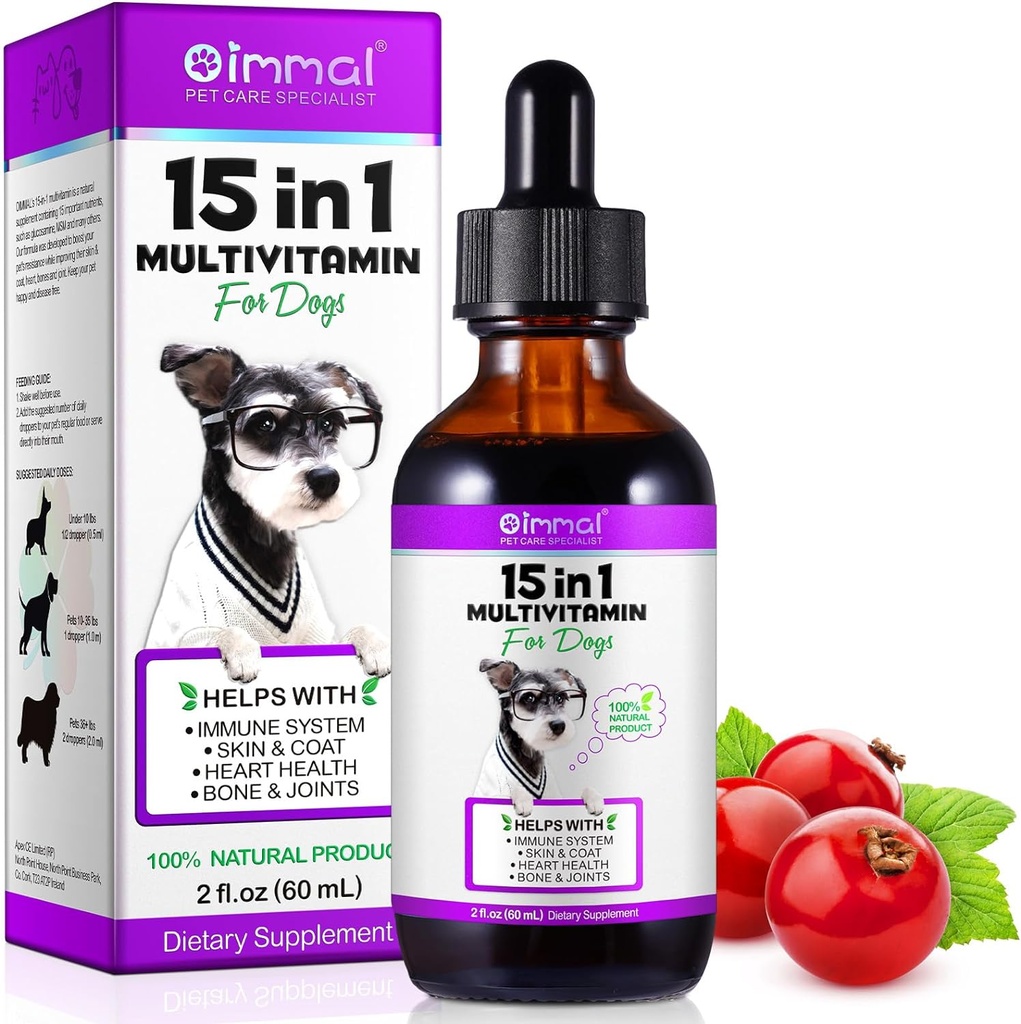15 en 1 Multivitamine de Chien, Multivitamine de Chien Multi Liquide Tout-En-Un pour Chien, Vitamines de Chien et Supplément avec Digestion, Immunité, Allergie Skin & Coat Support, Hip & Joint, Tous les âges, Breeds 2 oz