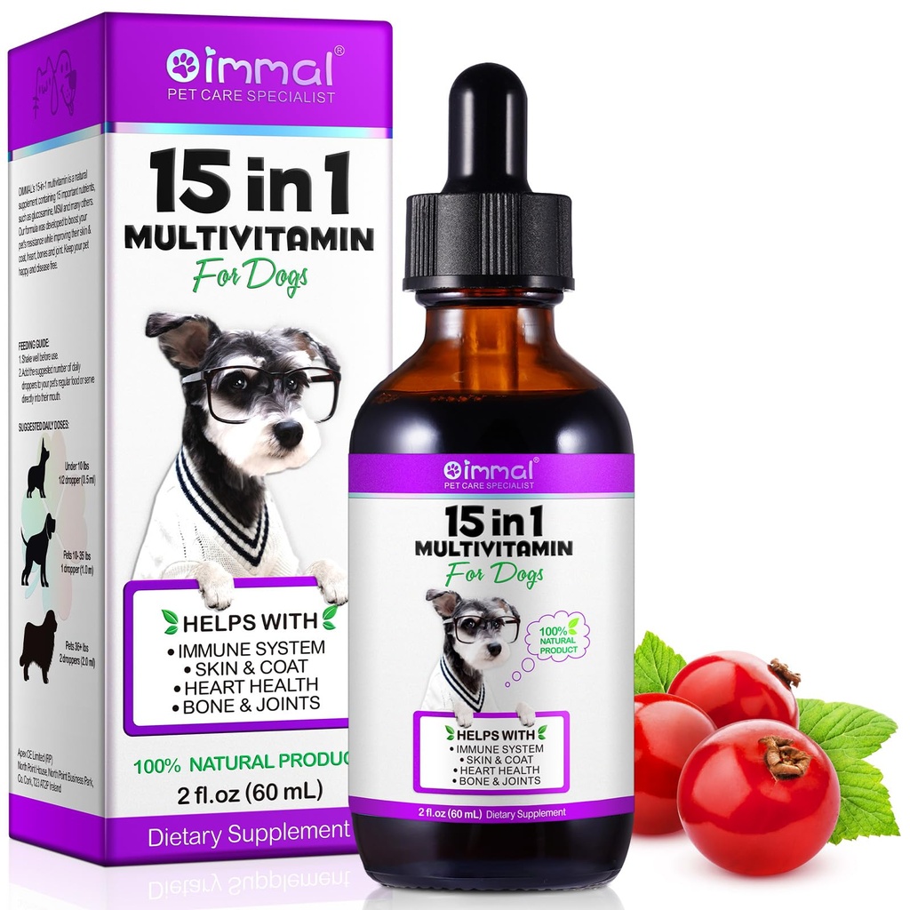 15 en 1 Multivitamine de Chien, Multivitamine de Chien Multi Liquide Tout-En-Un pour Chien, Vitamines de Chien et Supplément avec Digestion, Immunité, Allergie Skin & Coat Support, Hip & Joint, Tous les âges, Breeds 2 oz