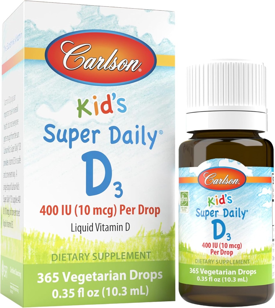 Carlson - Super Daily D3, gouttes de vitamine D pour les enfants, 400 UI par goutte, 1 an d'approvisionnement, Santé du coeur et de l'igname, Végétarien, gouttes de vitamine D liquide, décoloré, 365 gouttes