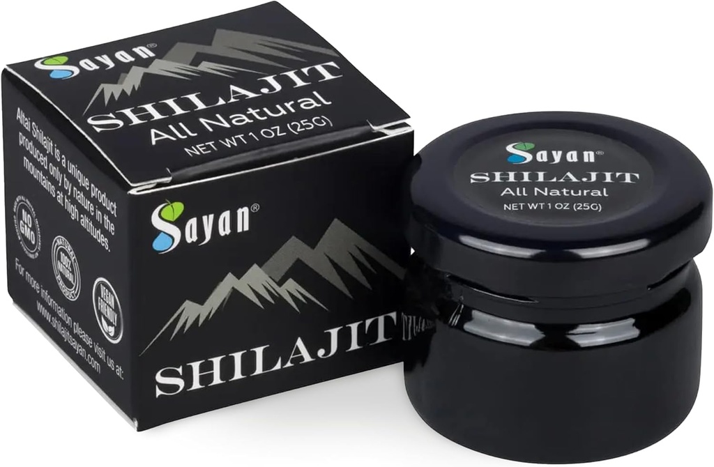 Sayan Pure Shilajit résine 1oz/25g, pot en verre, 250 portions - Potent Organic Fulvic Acid Supplement - soutient le système immunitaire, la mémoire, la focalisation, et fournit l'énergie naturelle, detox - végétalien, non-OGM
