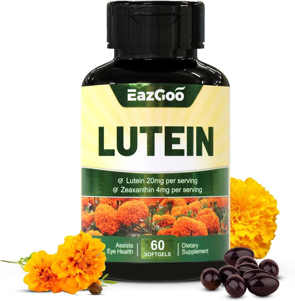 Lutéine pour Yeux, Lutéin 20mg, Suppléments Lutéin et Zeaxanthin, Suppléments pour Yeux, Relief des Eyeux & Soutien Vision Santé, Vegan, 60 Softgels