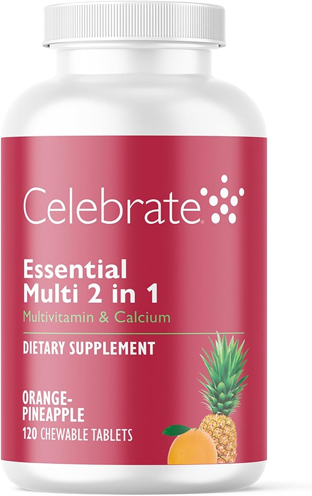 Célébrez les vitamines 2-en-1 Multivitamine bariatrique avec citrate de calcium - Vitamines A, D, E pour les patients atteints de chirurgie bariatrique, de pont gastrique et de gastrectomie des manches - Ananas orange (120 chéwables)