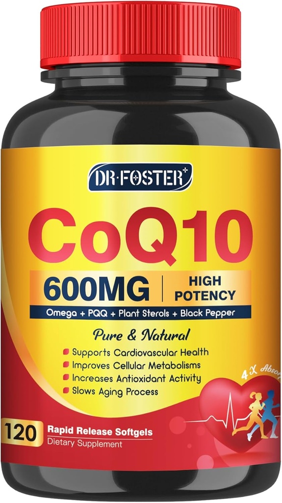 CoQ10 Supplément de 600 mg de softgels CoQ10 - CQ10 Coenzyme-Q10 avec Oméga 3 et PQQ et vitamine E, CoQ10 400mg de softgels, 60 portions