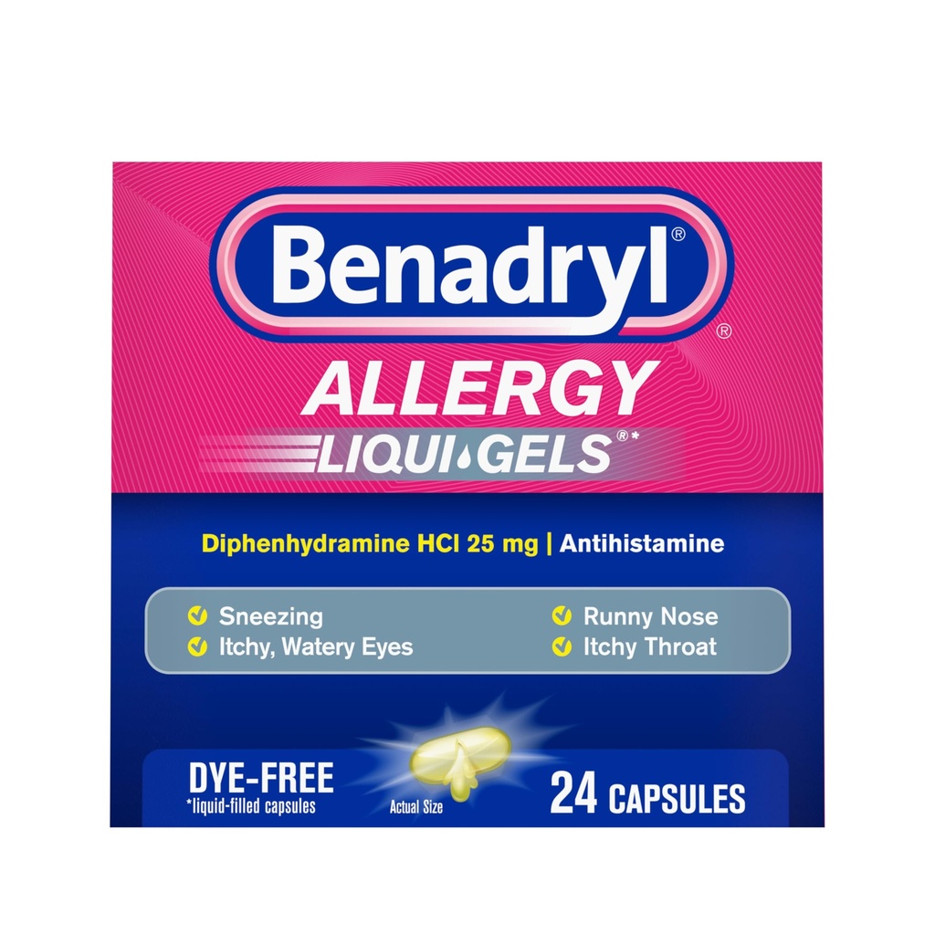 Benadryl Liqui-Gels Allergie Médecine, Capsules de gel liquide sans colorant avec 25 mg de Diphenhydramine HCl Antihistamine pour soulager les symptômes d'allergie et de froid comme Runny Nez et éternuement, 24 ct