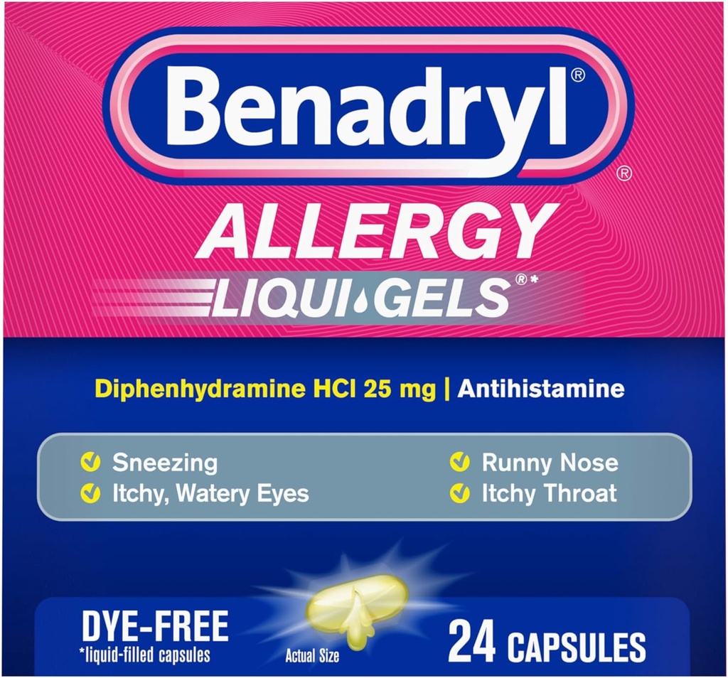 Benadryl Liqui-Gels Allergie Médecine, Capsules de gel liquide sans colorant avec 25 mg de Diphenhydramine HCl Antihistamine pour soulager les symptômes d'allergie et de froid comme Runny Nez et éternuement, 24 ct
