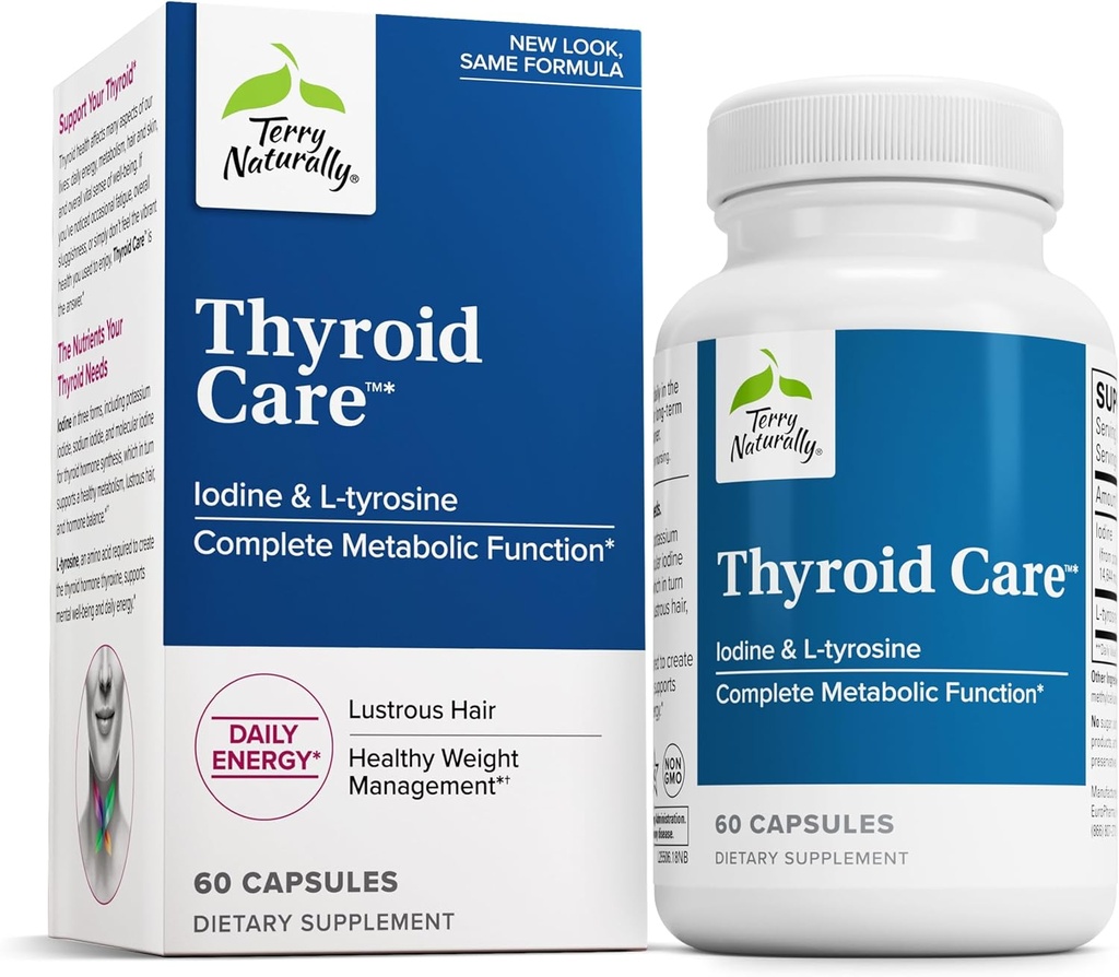 Terry Naturally Thyroïde Care - Immune Health & Energy Support Formula - Supplément nutritionnel avec Iodine pour Thyroïde Health Support - Supplément Wellness avec L-Tyrosine - 60 Capsules