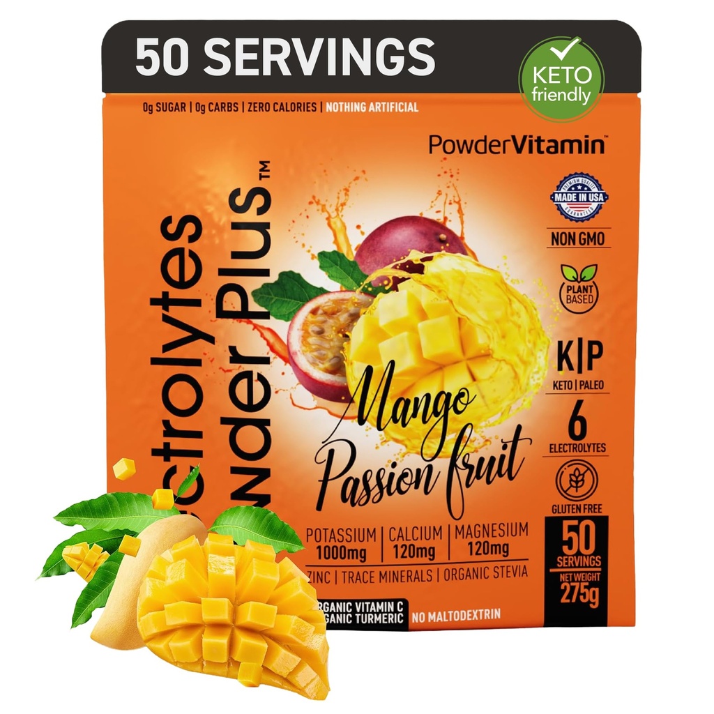 PoudreVitamine Electrolytes Poudre Plus (50 portions) Mangue Passionfruit Electrolyte Poudre Zéro Calorie Keto, 0 Sucre, Pas de Maltodextrine,1000mg Potassium,120mg Calcium,120mg Magnésium, Poudre d'hydratation