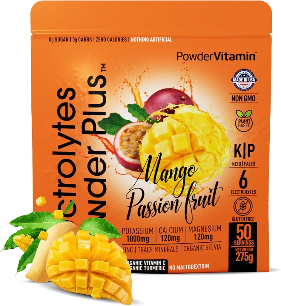 PoudreVitamine Electrolytes Poudre Plus (50 portions) Mangue Passionfruit Electrolyte Poudre Zéro Calorie Keto, 0 Sucre, Pas de Maltodextrine,1000mg Potassium,120mg Calcium,120mg Magnésium, Poudre d'hydratation