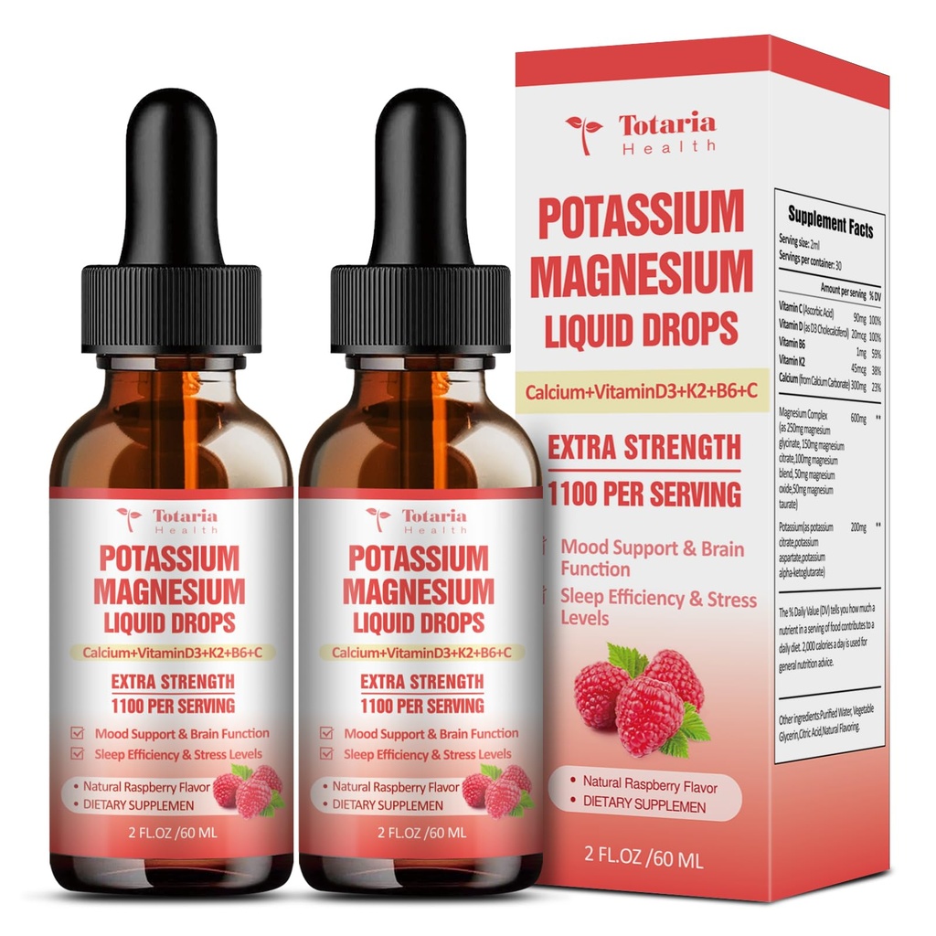 Supplément de magnésium potassique gouttes liquides - Supplément de potassium à forte absorption avec magnésium, calcium, vitamine D3 K2, végétalien, crampes de pied de soutien non OGM Potasio, os, muscle - 4 fl oz