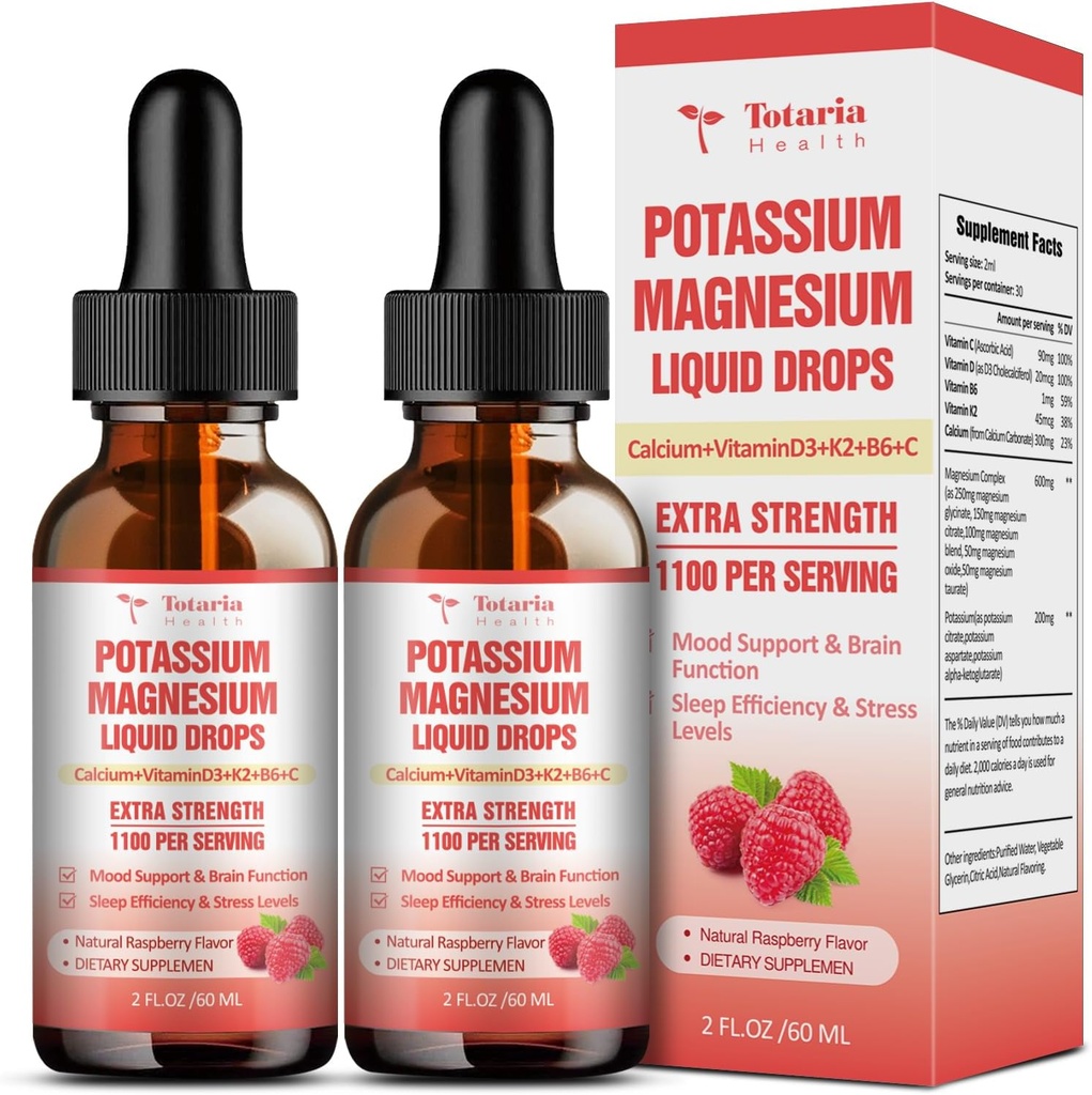 Supplément de magnésium potassique gouttes liquides - Supplément de potassium à forte absorption avec magnésium, calcium, vitamine D3 K2, végétalien, crampes de pied de soutien non OGM Potasio, os, muscle - 4 fl oz