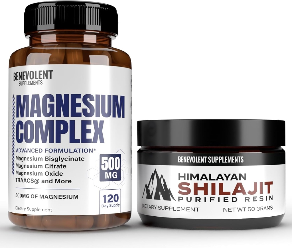 Complexe de magnésium avec 5 meilleures formes et la résine de Shilajit himalayen - 4 mois d'approvisionnement de 500mg de glycinate de magnésium, oxyde, taurate, chélate, citrate de magnésium - 85+ Trace Minerals pour l'énergie