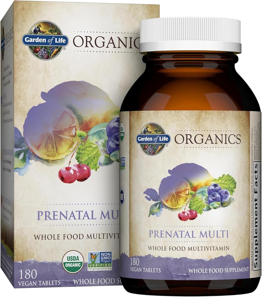 Jardin de la vie Organiques Femmes Multivitamine prénatale avec vitamine D3, B6, B12, C & Fer, Folate pour l'énergie et le développement foetal sain – Organique, non-OGM, sans gluten, végétalien, 60 jours d'approvisionnement
