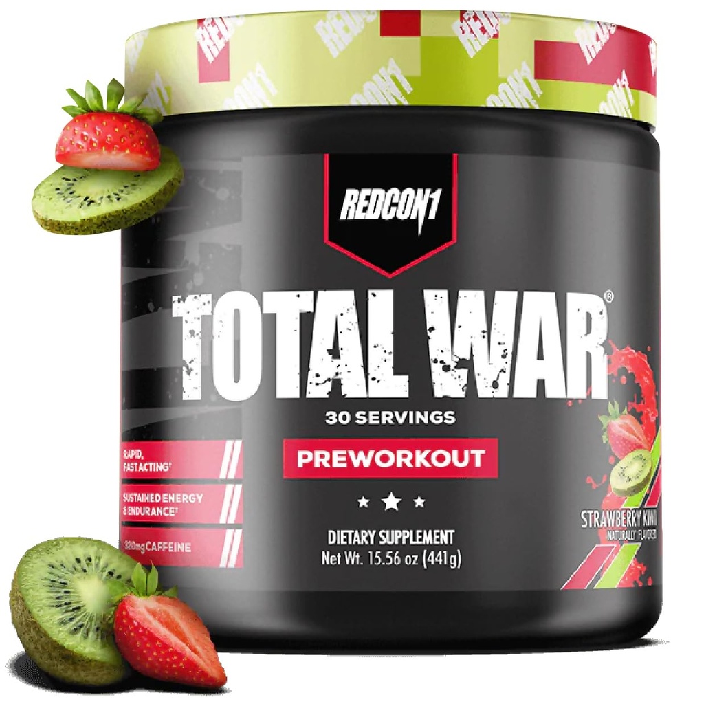 REDCON1 Total War Pre Workout, Strawberry Kiwi - L Citrulline, acide malique, extrait de feuille de thé vert pour stimuler la pompe pré-entraînement pour les femmes et les hommes - 3.2g Beta Alanine pour réduire l'échappement (30 portions)