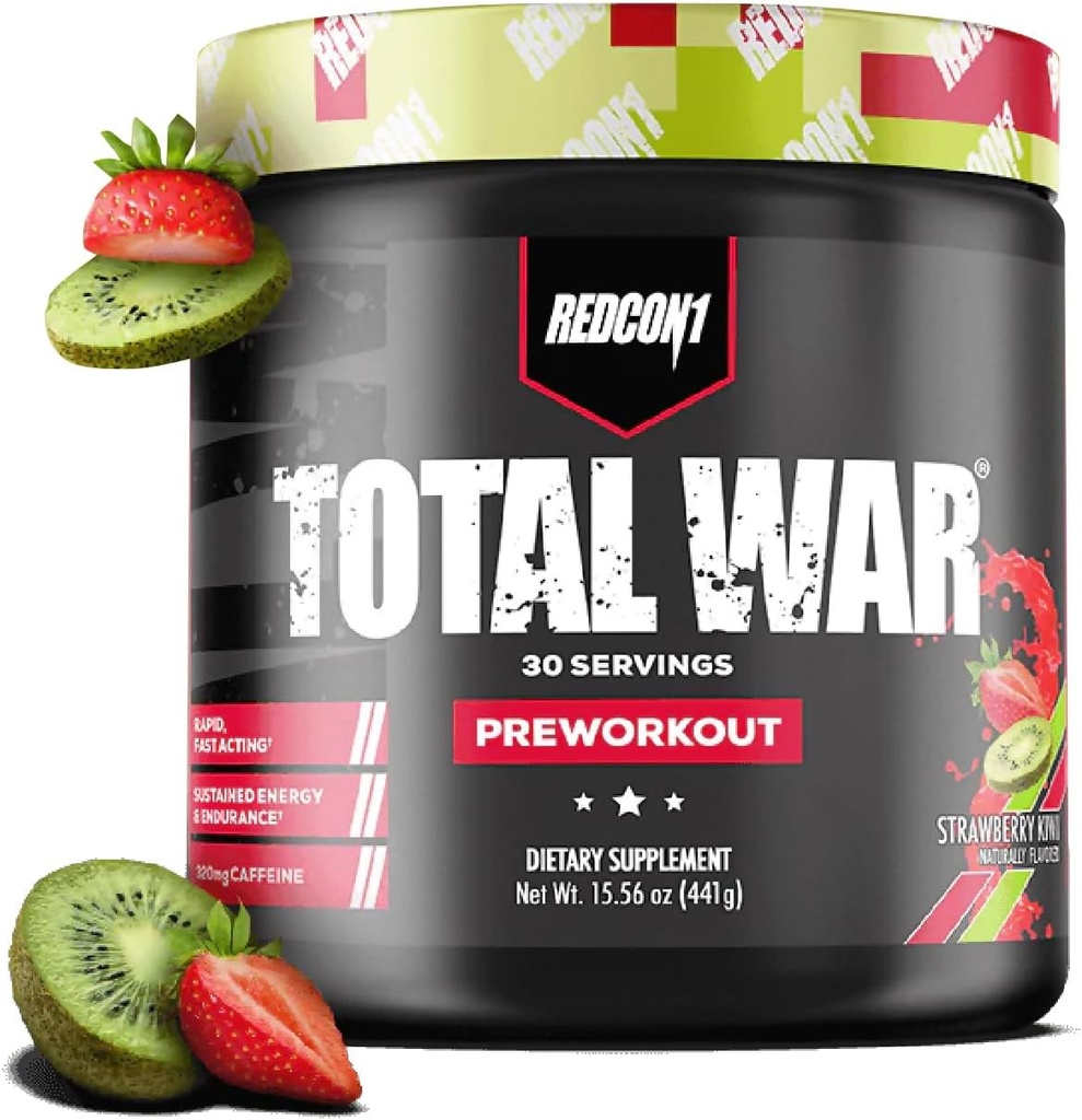 REDCON1 Total War Pre Workout, Strawberry Kiwi - L Citrulline, acide malique, extrait de feuille de thé vert pour stimuler la pompe pré-entraînement pour les femmes et les hommes - 3.2g Beta Alanine pour réduire l'échappement (30 portions)