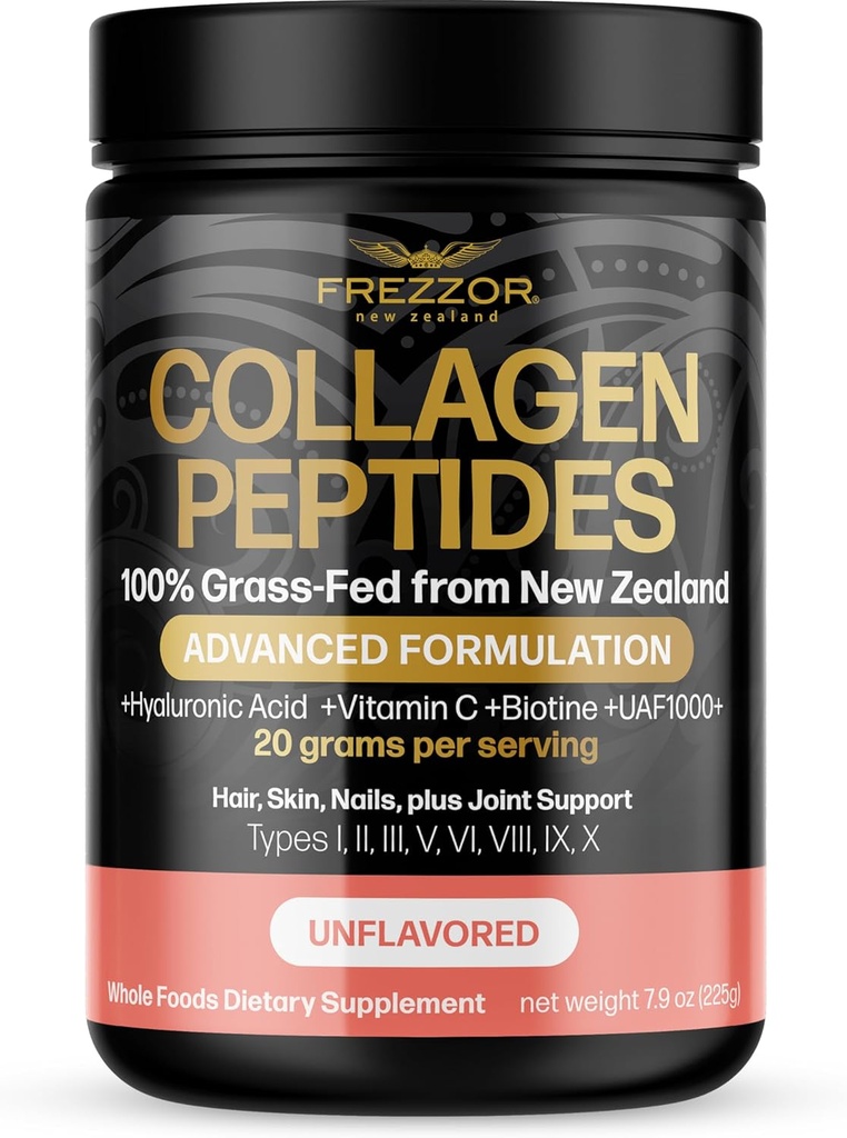 FREZZOR Collagen Peptides Poudre, réduit les rides et lignes fines, cheveux et ongles plus forts, favorise la flexibilité et la mobilité des jeunes, 100% Nouvelle-Zélande collagène à os hydrolysé de boeuf, non aromatisé 225g 1 pot