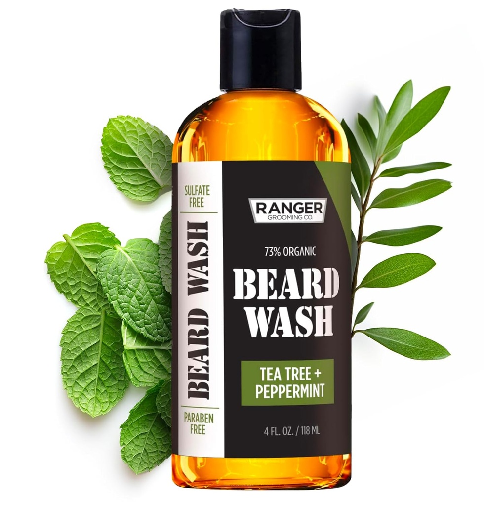Shampooing de lavage de la barbe de Leven Rose par Ranger Grooming Co, sans sulfate Nettoyeur et revitalisant naturel pour les hommes, arbre à thé et menthe poivrée pour la croissance et l'épaississement, sans paraben 4 oz