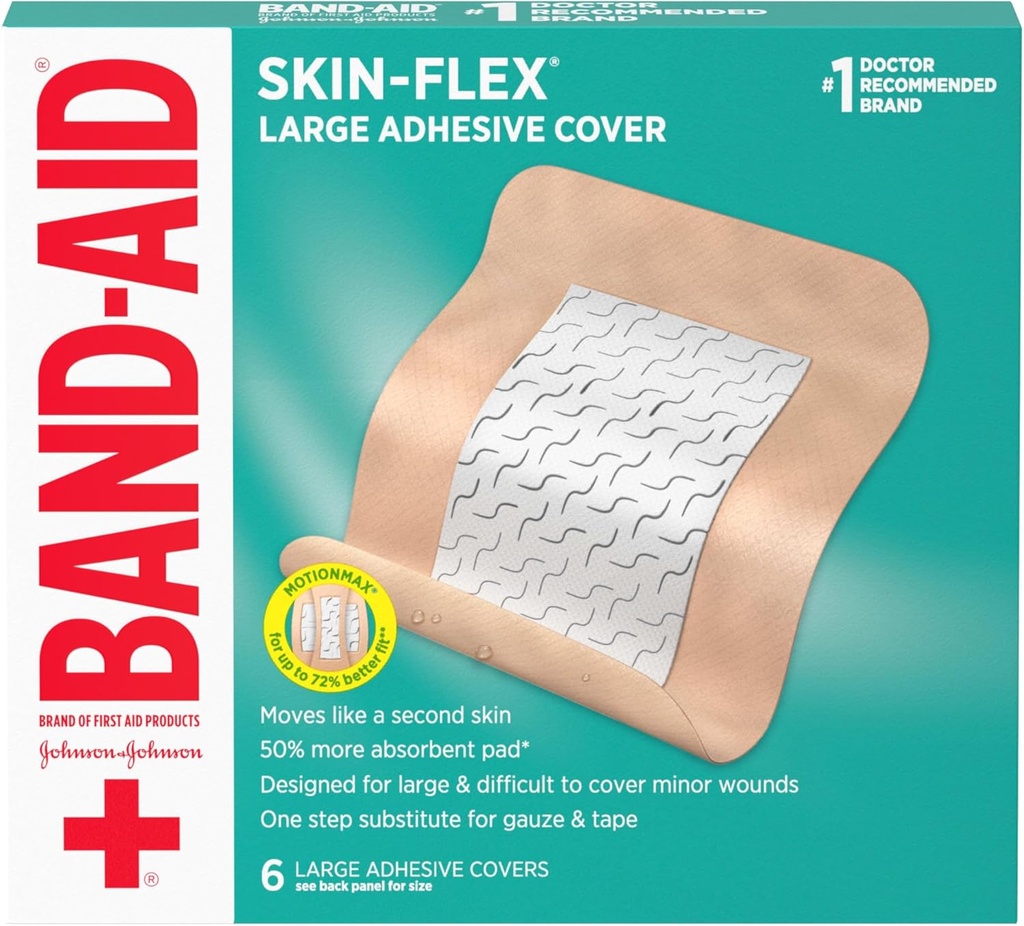 Marque Band-Aid Skin-Flex Couvertures adhésives flexibles pour le soin des blessures de premiers soins des coupures, scorpes et brûlures mineures, avec une sensation confortable, se déplaçant comme une seconde peau, stérile, grande, 6 ct