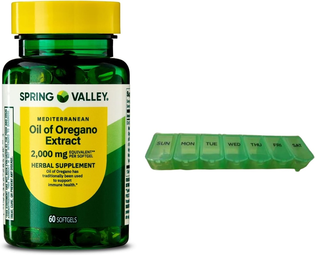 Spring Valley Mediterranean Oil of Oregano 2000 mg 60 Softgels for Immune Health with Pill Organizer
