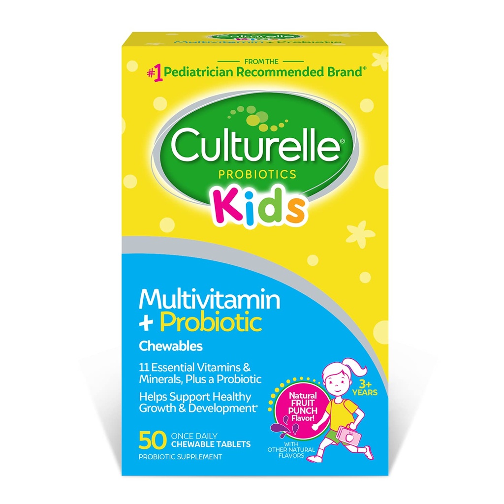 Culturelle Kids Complete Multivitamine à croquer + Probiotique pour les enfants, 3+ ans, 50 ans Compte, santé digestive, santé buccodentaire et soutien immunitaire - Avec 11 vitamines et minéraux, y compris vitamine C, D3 et zinc
