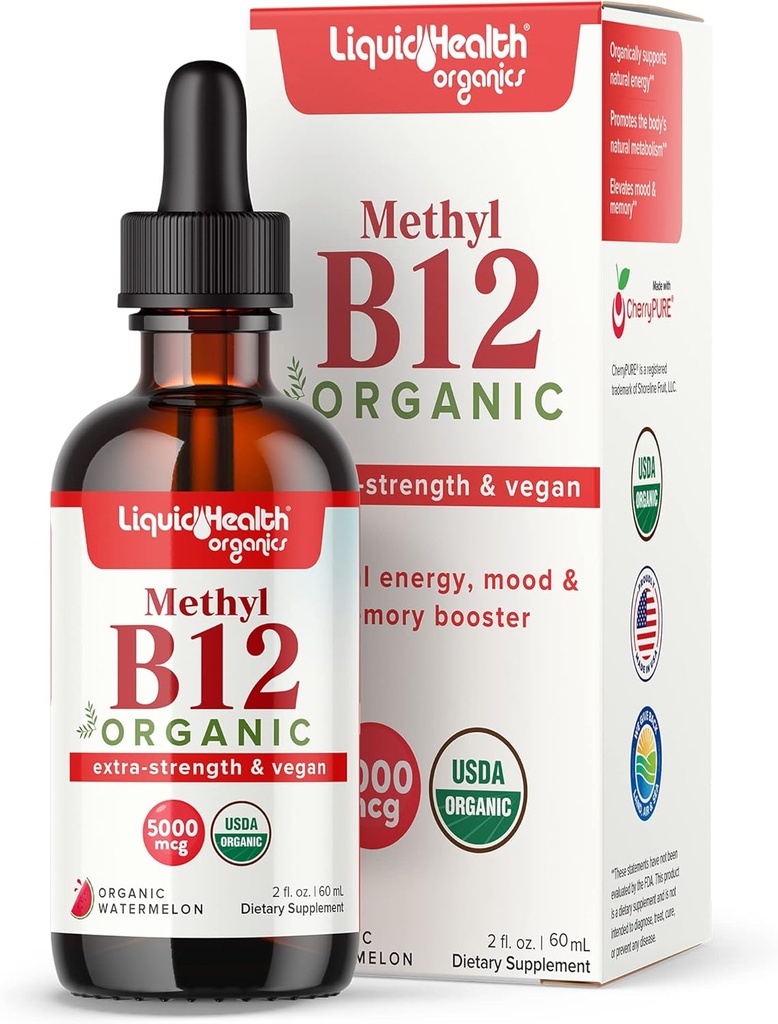 LIQUIDHEALTH USDA Méthyl Vitamine biologique B12 méthylcobalamine gouttes liquides avec jus de cerise de tart - Boost Energy, Immune Support, Amélior Memory & Concentration - USA Made, Vegan, Non-OGM (2 oz)