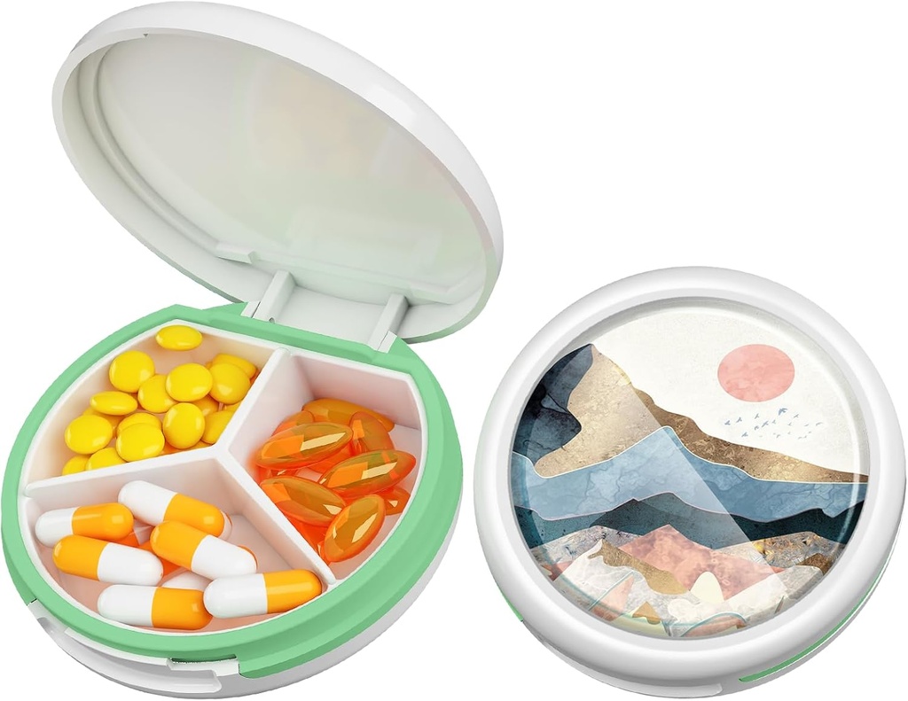 Serfeymi Small Pill Box - 3 Compartments Portable Pill Box for Purse Pocket, Compact Mini Travel Pill Case - Suitable for Medicine, Vitamin, Fish Oil, Supplements - White(Mountain Sunrise)