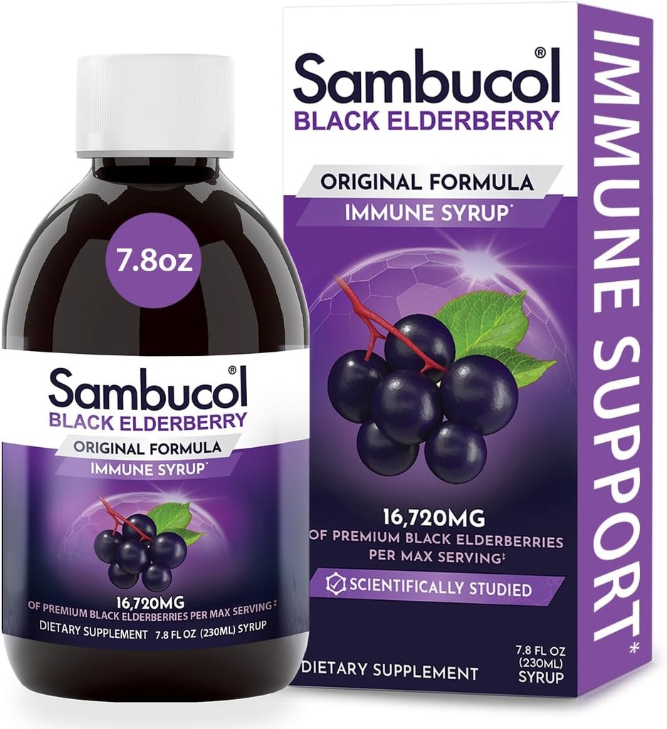 Sambucol Black Elderberry Sirop - Sambucus Elderberry Sirop pour adultes Immune Support, Elderberry Liquide, Extrait de Elderberry, sans gluten - 7,8 Fl Oz