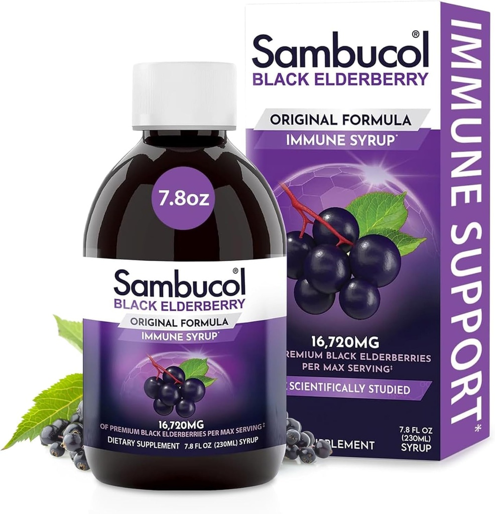 Sambucol Black Elderberry Sirop - Sambucus Elderberry Sirop pour adultes Immune Support, Elderberry Liquide, Extrait de Elderberry, sans gluten - 7,8 Fl Oz