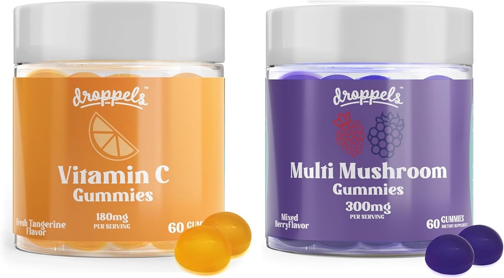 Droppels Multi Champignons et Vitamine C Gommies Bundle de soutien Vegan Immmune Supplément de soutien de champignons avec Reishi, Lion, Chaga & More + 180mg Vitamine C