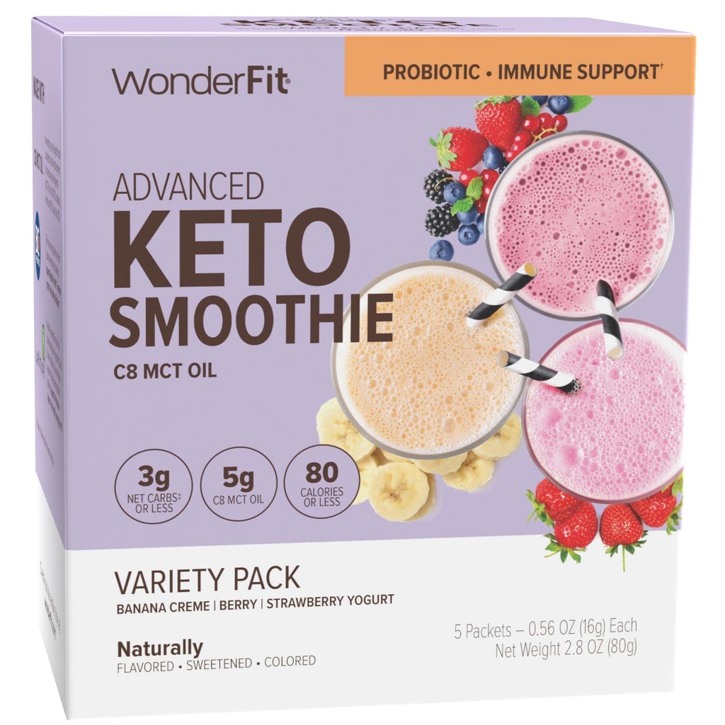 WonderFit by WonderSlim Keto Smoothie avec huile C8 MCT, lot de variétés, 1-3g de glucides nets, sans gluten, probiotique & immunitaire support (5ct)