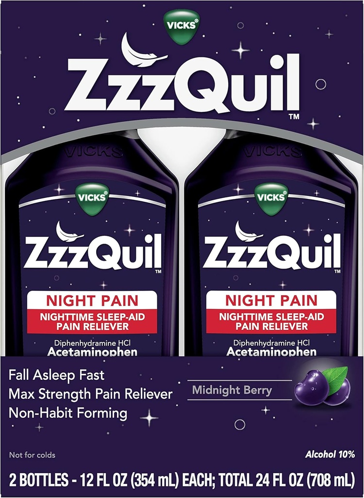 ZzzQuil Liquid, Max Strength Pain Reliever, Nighttime Sleep Aid Liquid, Acétaminophène 1000mg, Diphenhydramine 50mg HCI, Non-Habit Forming, Minuit Berry Aromatisé, 2 Pack, 24 FL OZ