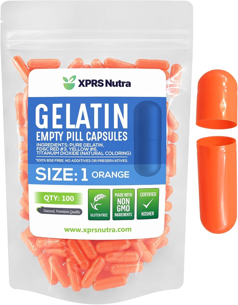 XPRS Nutra Taille 1 Capsules vides - 100 Compte Capsules de gélatine vides - Remplissage de la capsule de bricolage - Gel de pilules pures pour les suppléments de Do-It-Youlf (Orange)