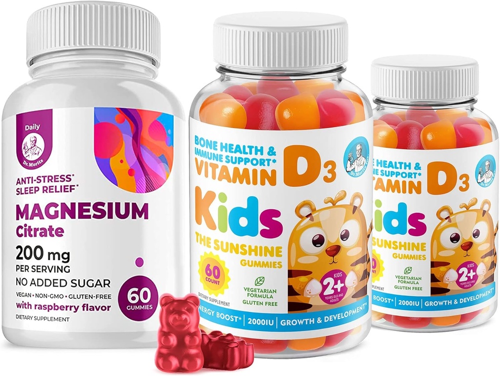 Gommies de vitamine D pour les enfants et les adultes 2000 UI et Gommies de magnésium - suppléments de vitamine D3 santé 1000UI - soutien immunitaire sans gélatine végétarienne avec des chews calm au magnésium sans sucre pour les enfants et les adultes
