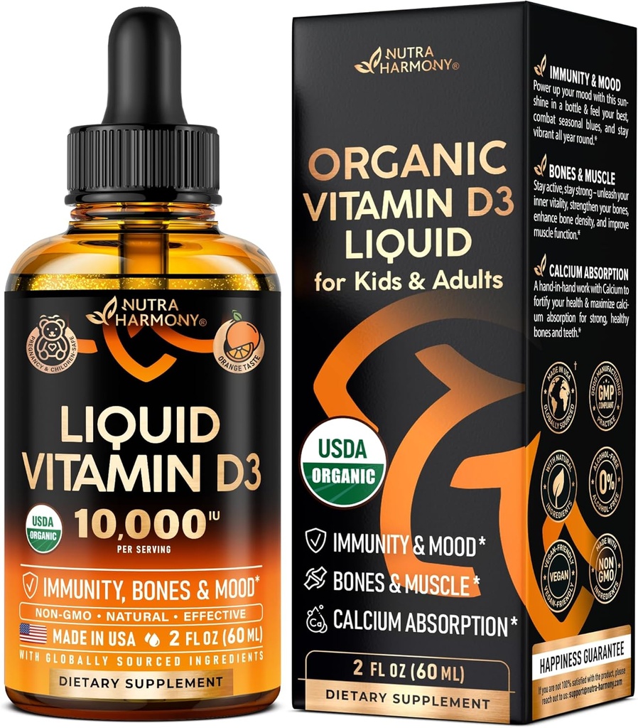 USDA Vitamine biologique D3 10000iu - gouttes de vitamine D pour nourrissons, enfants et adultes, grossesse et enfants en toute sécurité - Système immunitaire, l'humeur, la santé des os et le soutien musculaire - Natural Orange Taste - 2 fl oz, 60 ml