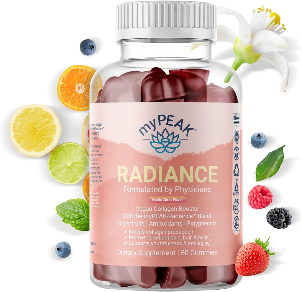 booster de collagène myPEAK radiance végétalien et des gommes de surfruit, des suppléments de collagène avec des superfruits et des nutriments améliorant la peau, peau de cheveux et ongles vitamines pour la beauté, 60 gommes