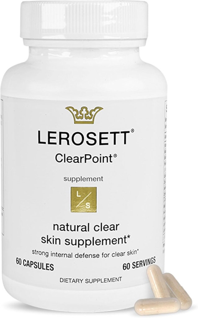 LEROSETT ClearPoint pilules anti-acné, suppléments naturels pour le traitement de l'acné hormonal et kystique pour la peau huileuse et les ruptures. 60 Casquettes