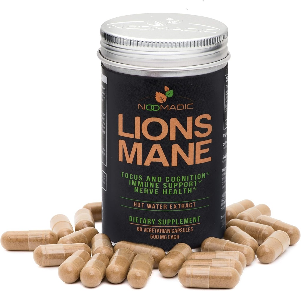 Lion's Mane Mushroom, 60 Capsules | 500mg Each, Nerve Growth Factor (NGF) & Nootropic (Focus, Memory, BDNF), Hot Water Extract, Wood Grown, Fruiting Bodies, 30% Beta-D-Glucans