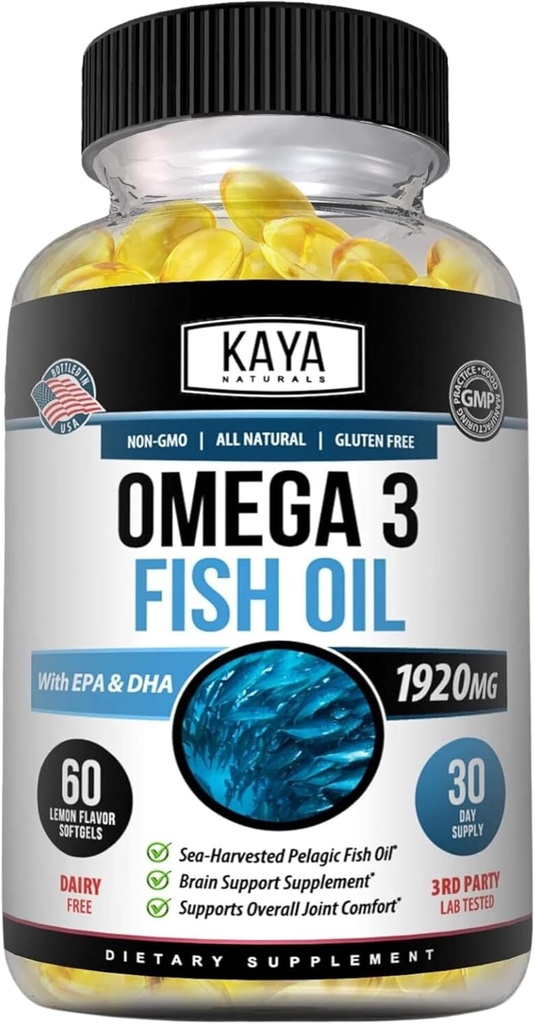 Kaya Naturals Omega 3 Supplément - Nature Made Omega 3 Huile de poisson - 100% Huile de poisson pélagique de mer brute sans arrière-goût de poisson - 60 softgels de comte