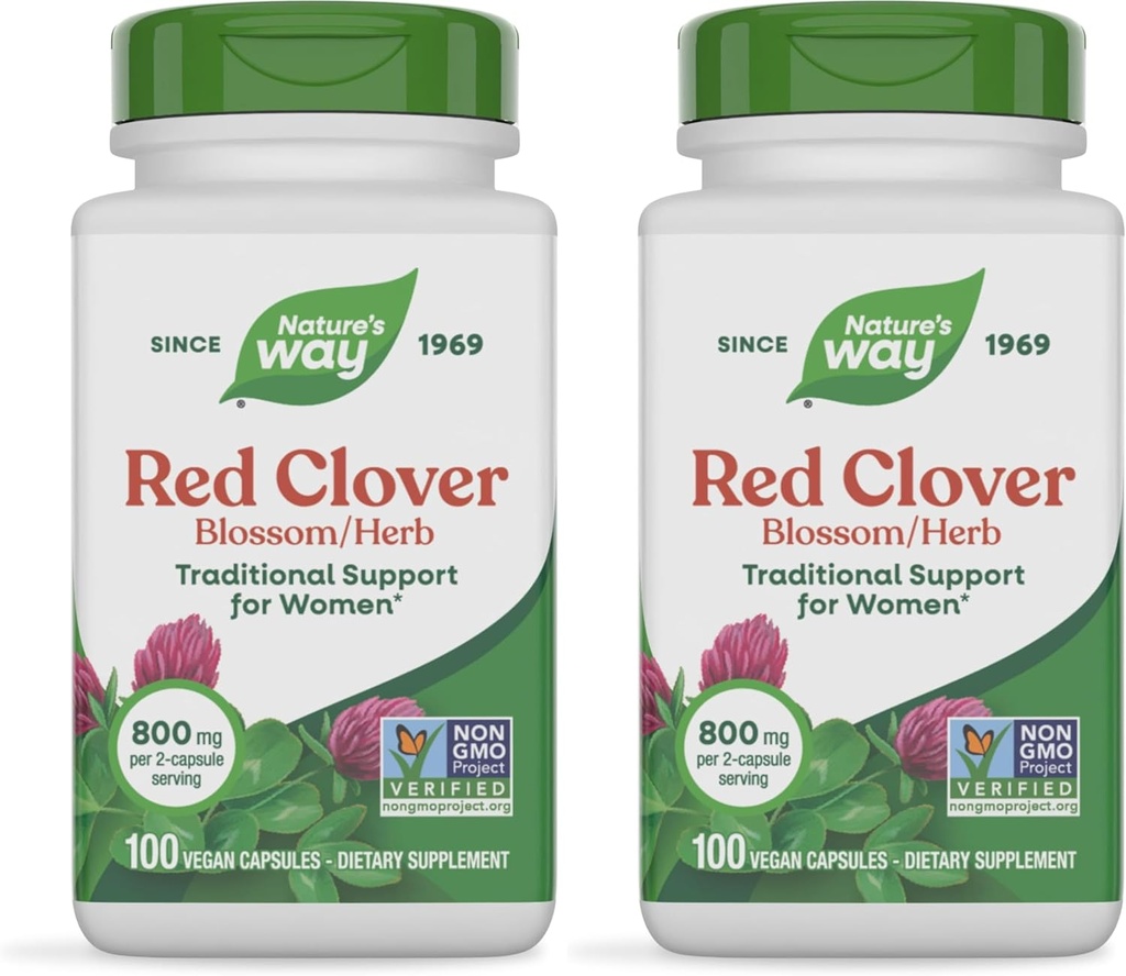 Nature's Way Red Clover Blossom Herb, soutien à la santé traditionnelle des femmes*, 800 mg par portion, 100 capsules végétales (paquet de 2)
