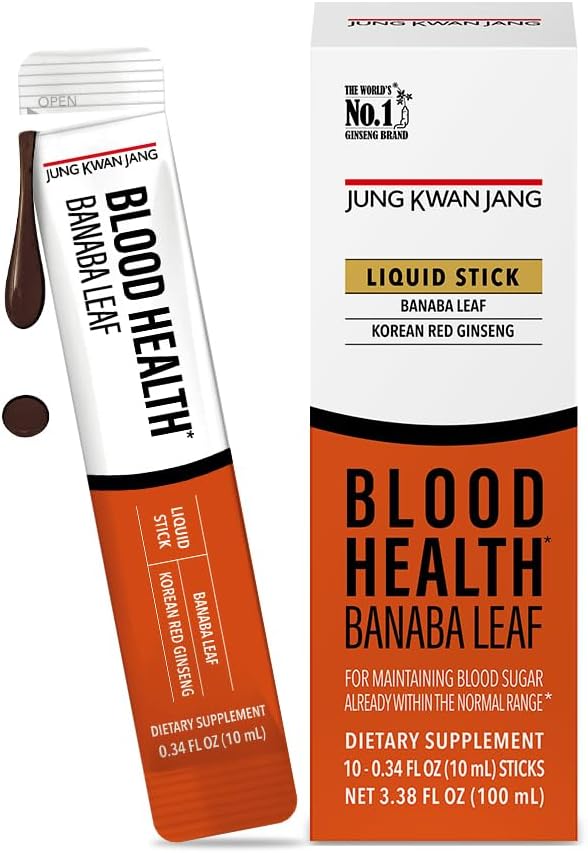JungKwanJang Blood Health Banaba Leaf Extract (100mg), Carob Pods, Korean Red Ginseng Everytime Extract Sticks for Circulation, Post Meal, Energy, 10 Count