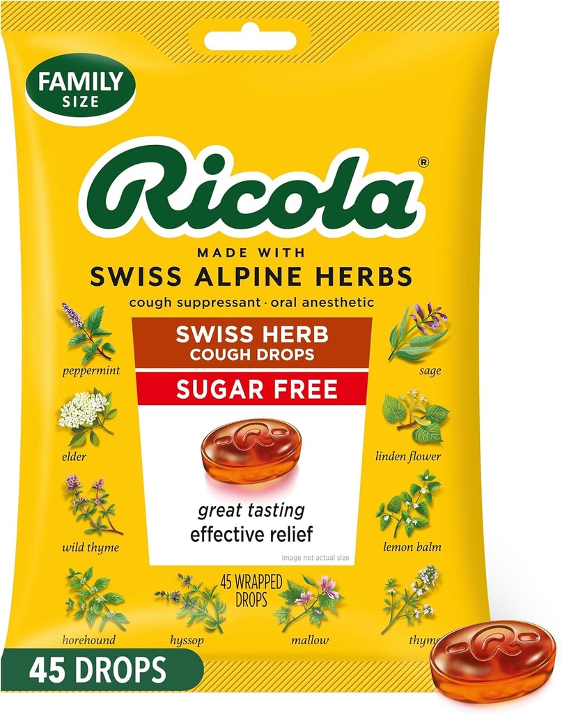 Ricola Pas de sucre Swiss Herb Toux gouttes, 45 Compte, Toux Suppressant & Gorge Soulager les gouttes avec menthol naturellement d'origine, goût de plaisir pour les Toux et la Gorge Irritation Symptom Relief