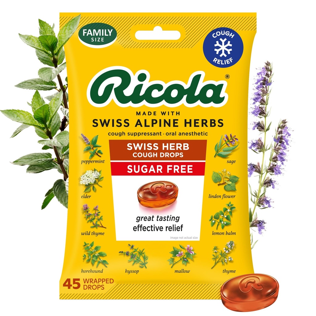 Ricola Pas de sucre Swiss Herb Toux gouttes, 45 Compte, Toux Suppressant & Gorge Soulager les gouttes avec menthol naturellement d'origine, goût de plaisir pour les Toux et la Gorge Irritation Symptom Relief