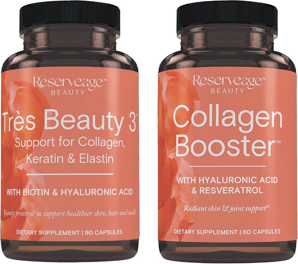 Réserve Beauté, Tres Beauté 3, Supplément Beauté pour la croissance des cheveux, soins de la peau et soin des ongles 90Caps & Collagen Booster, Supplément Collagen pour soins de la peau et la santé articulaire, soutient Healt 60Caps