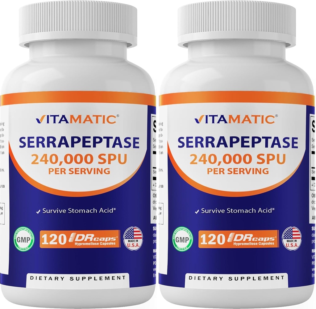 Serrapeptase vitamatique 240 000 portions de SPU, 120 capsules libérées avec retard - enduit entérique - non-OGM- fabriqué aux États-Unis (120 Nombre (paquet de 2))