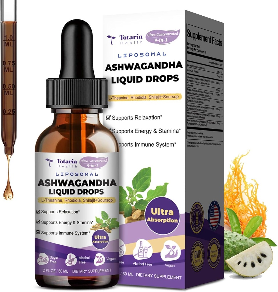 Totaria Liposomal Ashwagandha gouttes liquides, supplément d'extrait de racine d'Ashwa ultra-fort avec Shilajit, Ginseng, Magnésium, Soursop, L-Theanine, 60ml