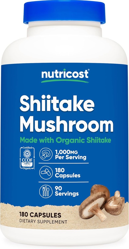 Nutricost Capsules de champignons chiitake biologiques 1000mg, 90 portions - CCOF certifiées faites avec biologique, végétarien, sans gluten, 500mg par gélule, 180 capsules