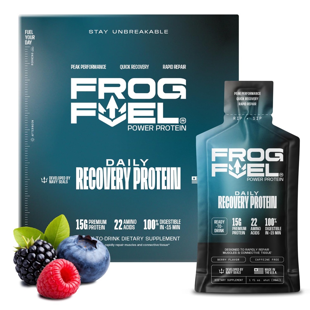 Frog Fuel Power Regular Protein Shot, 15g Protéines Nano-Hydrolyzed Grass Fed Collagen, Après l'entraînement, sans gluten, sans gras et sans sucre, 22 acides aminés, 0 glucides, baie, 1 oz Packets, 24 Pack