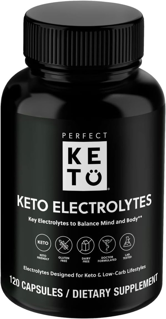 Capsules d'électrolytes de kéto parfaites, sans gluten, supplément d'électrolyte avec Magnésium, Calcium, Potassium et Sodium, Hydratation, Énergie, Récupération et Support Immune, Sans aromatisé, 120 portions