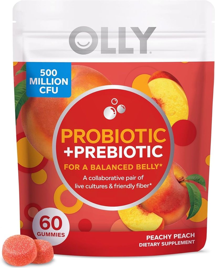 OLLY Probiotic + Gummy prébiotique, soutien digestif et santé gustative, 500 millions d'UFC, fibre, supplément à croquer pour adultes, pêche, trousse de cas