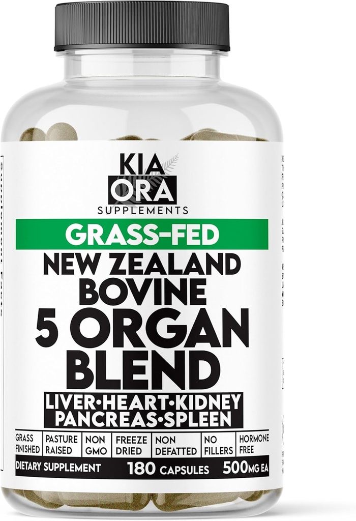 Complexe d'organes Fed Bovine 5 – foie, coeur, rein, rate et pancréas – Supplément glandulaire séché gelé pour l'énergie, la désintoxication et le soutien immunitaire – 180 capsules