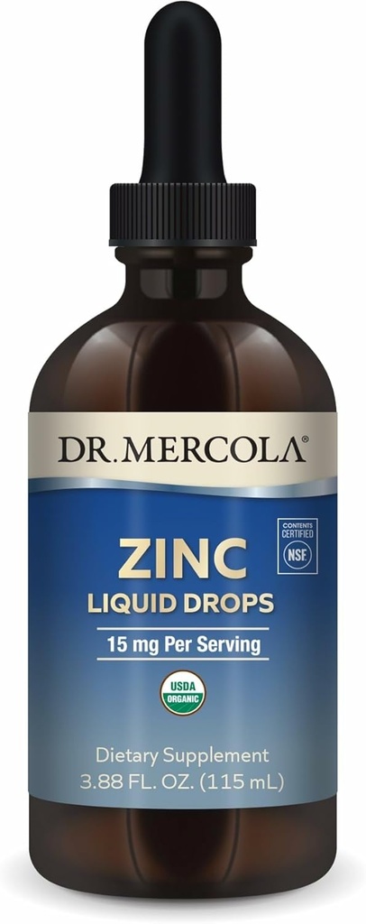 Dr. Mercola Zinc gouttes liquides - soutient la santé immunitaire et des organes - 15 mg de gouttes liquides de zinc biologique - USDA biologique - NSF certifié - Non-OGM, sans gluten et sans soja - 3,88 fl oz (28 portions)